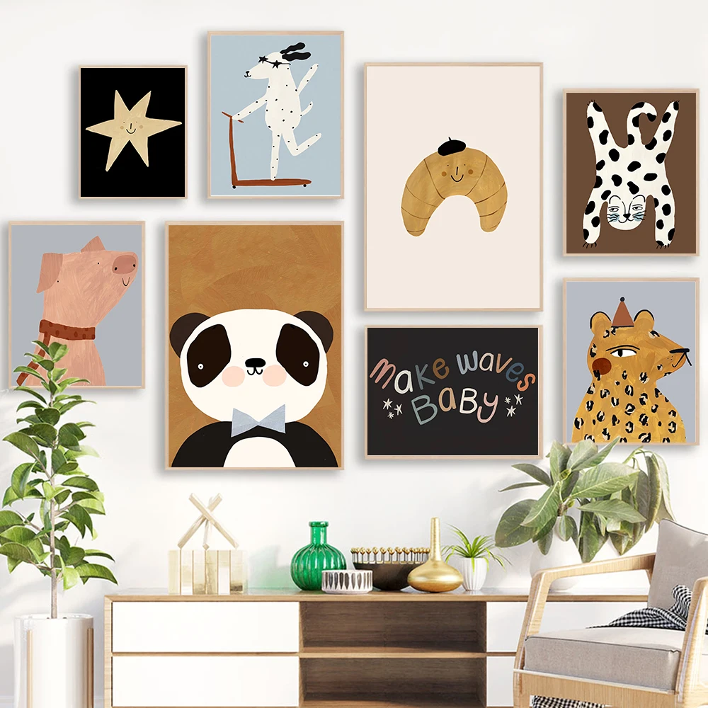 Cartoon Leopard Panda Pig Croissant Roll Dog Wall Art Canvas Painting Nordic Poster And Print Wall Pictures Baby Kids Room Decor