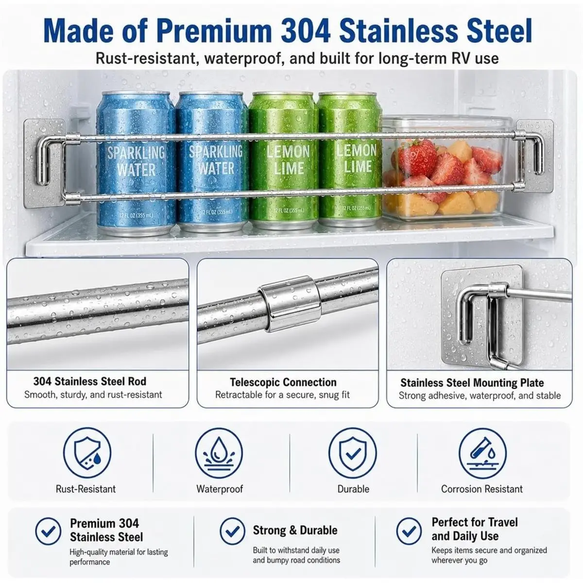 4 Pack RV Fridge Bars, Adjustable Refrigerator Tension Rods for ,RV 12.44-22.63 Inch Extendable,for Travel