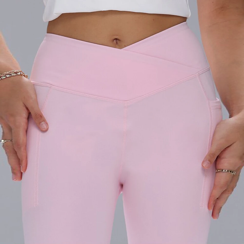 Damskie legginsy z rozszerzanymi nogawkami, krzyżowany pas, spodnie do ćwiczeń na siłowni, fitness, na co dzień, spodnie do jogi, marszczone legginsy sportowe z kieszeniami.