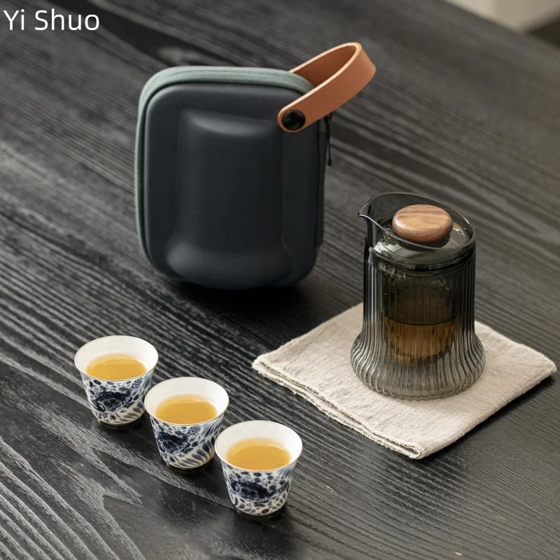 Quick-serve Fish and Algae Pattern Travel Tea Set Exquisite Ceramic Portable Quick-serve Cup Three Cups Ceramic Tea Set