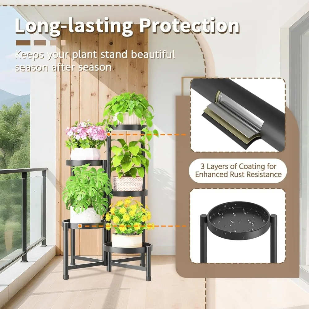 حامل نباتات معدني قابل للطي مكون من 5 طبقات للمزارعين الكبيرة في الأماكن المغلقة، رف زهور عالي التحمل قابل للتعديل للزوايا الضيقة، أسود #5