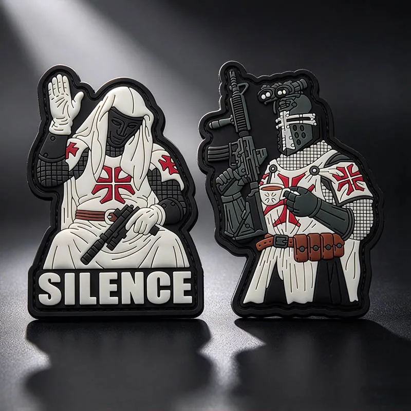 Silence Warrior Templar Knight PVC Morale Emblem Patch with Hook Tactical Rubber Badge Military Applique for Backpack Hat Vest