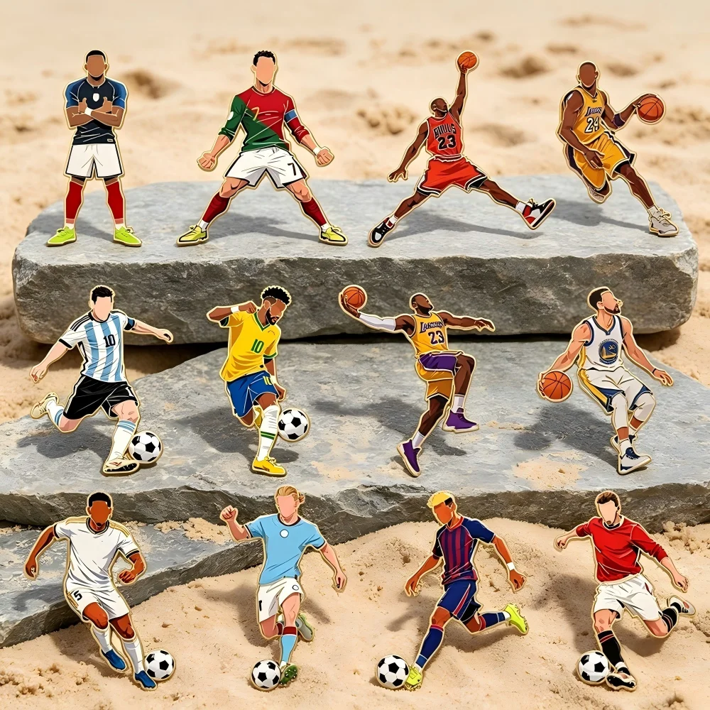 4/12pcs Sports Star Enamel Pins Set, Soccer & Basketball Athlete Metal Lapel Brooches, Cartoon Player Character Decorative Pins