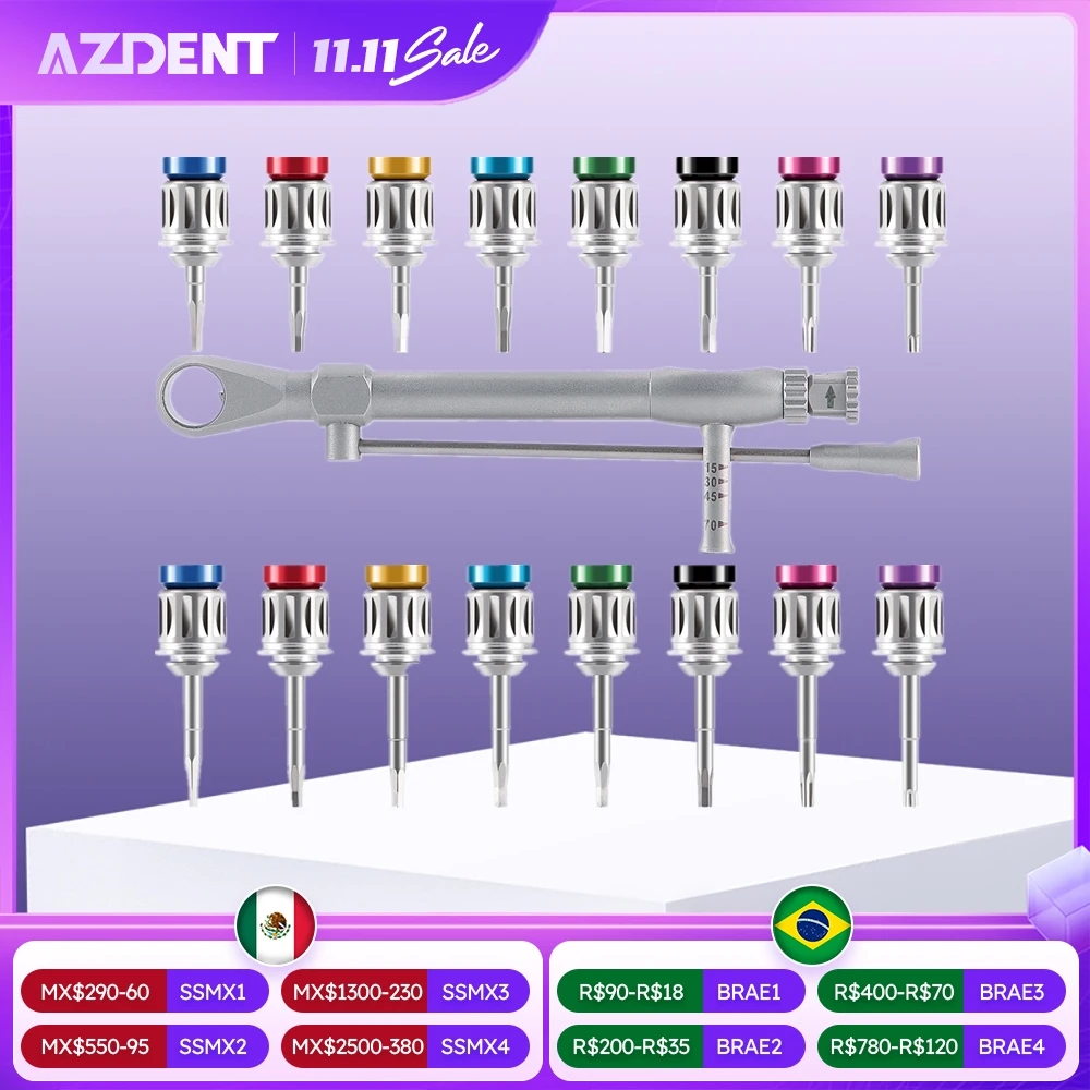 

AZDENT Dental Implant Torque Wrench Set 16pcs Hex Drivers Screwdriver Ratchet 15-70Ncm Long and Short Sterilized Dentistry Tools