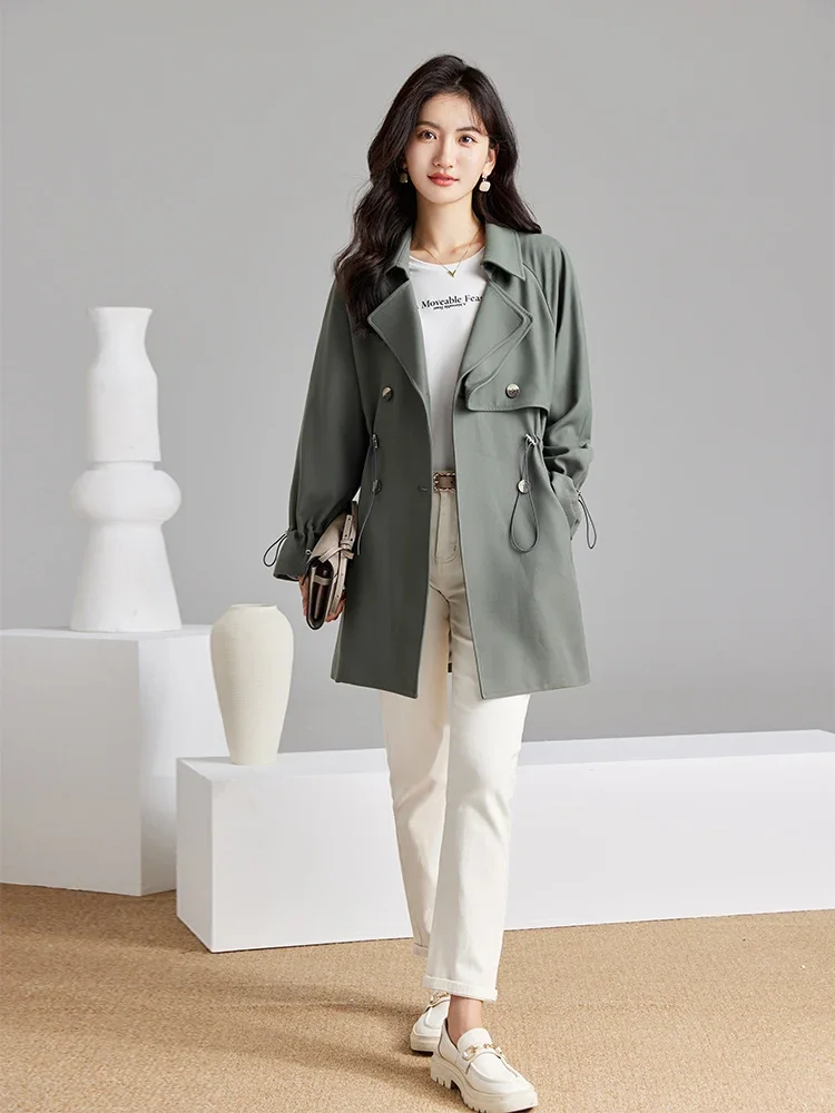 Vimly Korean Style Trench Coats for Woman 2023 Autumn Fashion Outerwear Classic Lapel Drawstring Slim Long Sleeve Overcoat M2902