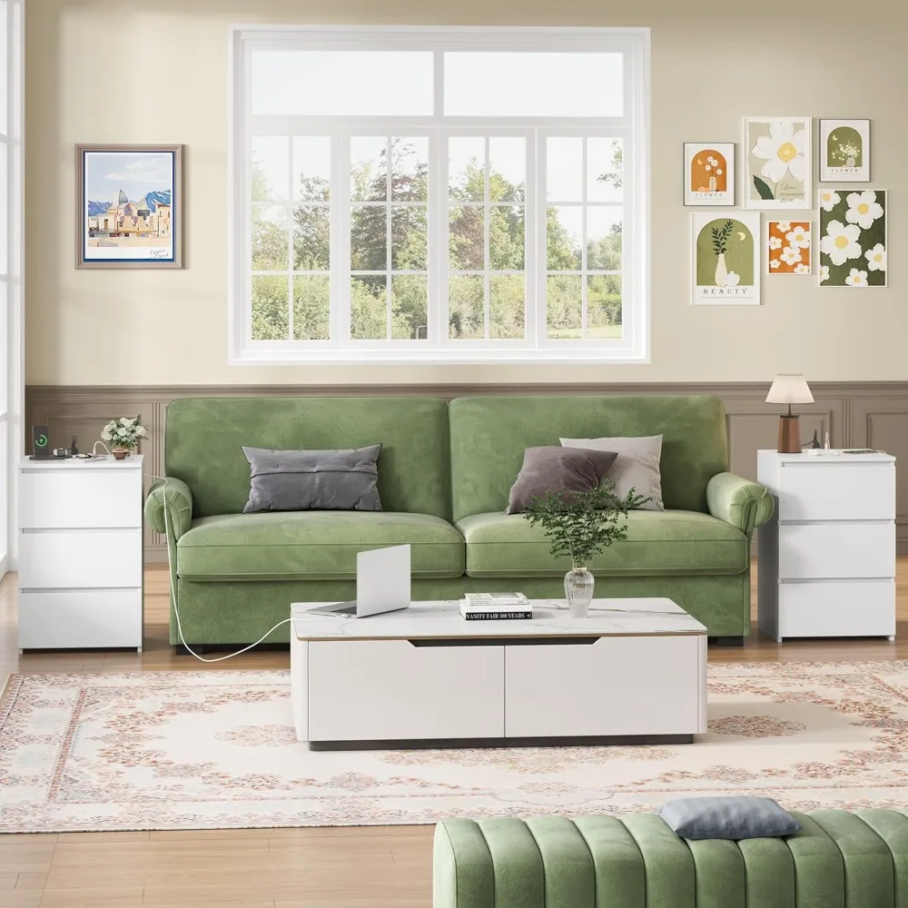 طقم منضدة بيضاء مكون من 2، حامل ليلي أبيض 26 بوصة مع محطة شحن، طقم منضدة 2 مع منافذ USB ومنافذ طاقة، سيلي