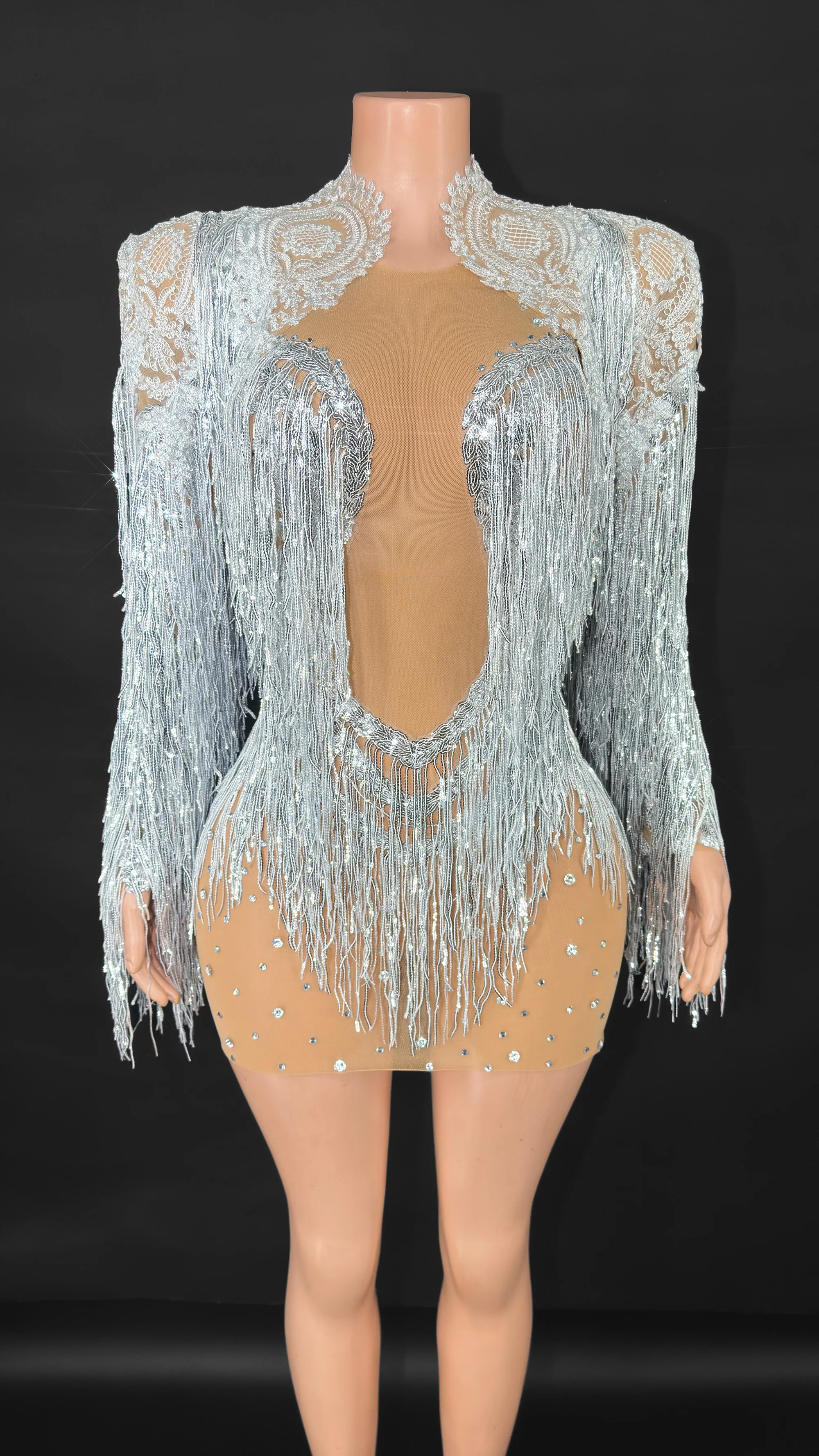 ZD サテンボディスーツセクシーな弾性ラインストーンタッセルナイトクラブウエディングクリスタルフリンジレオタードカジュアルダンスステージ着用