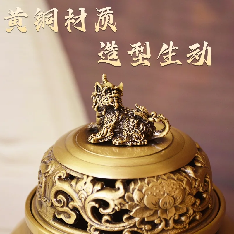 All-brass Xuan De with beast face design, three-legged lion-shaped burner, indoor sandalwood incense burn