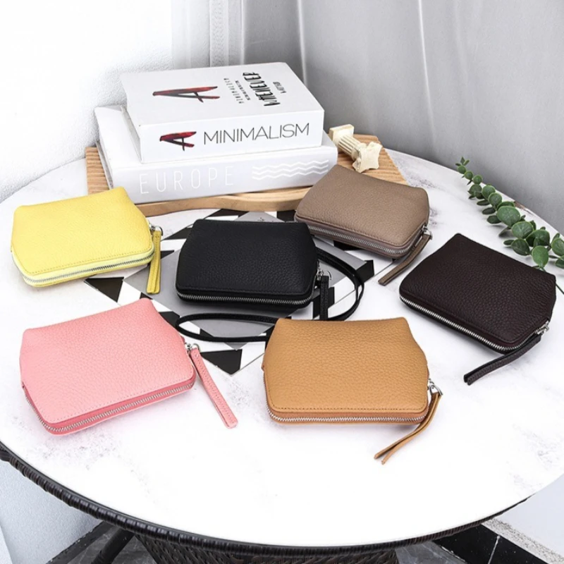 Hanging Neck Coin Bag for Women, Genuine Leather Data Cable Lipstick Storage Coin Bag and Zipper Closure Small Change Pouch