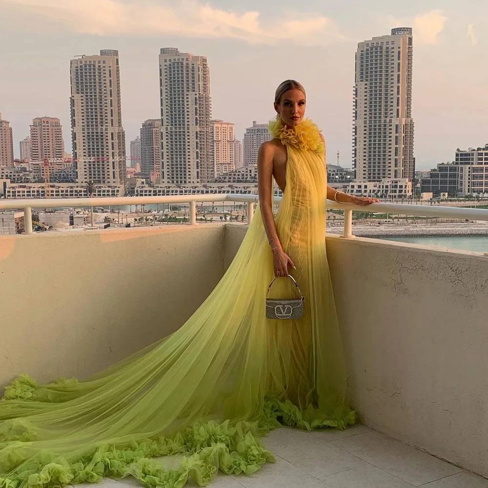 2023Pretty Avocado Green A-line Tulle Robe 3D Flower Long Maternity Dresses Halter See Thru Summer Women Maxi Dresses With Train