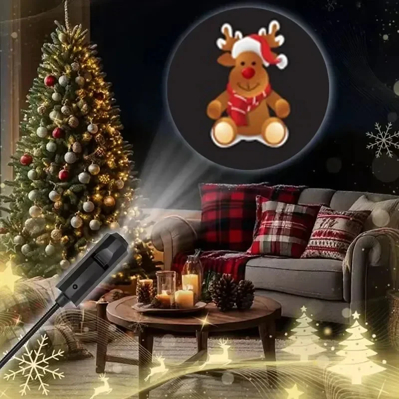 Portable USB Christmas Night Light Projector Multiple Holiday Scene Patterns with Santa Snowman for Bedroom Wall Decoration