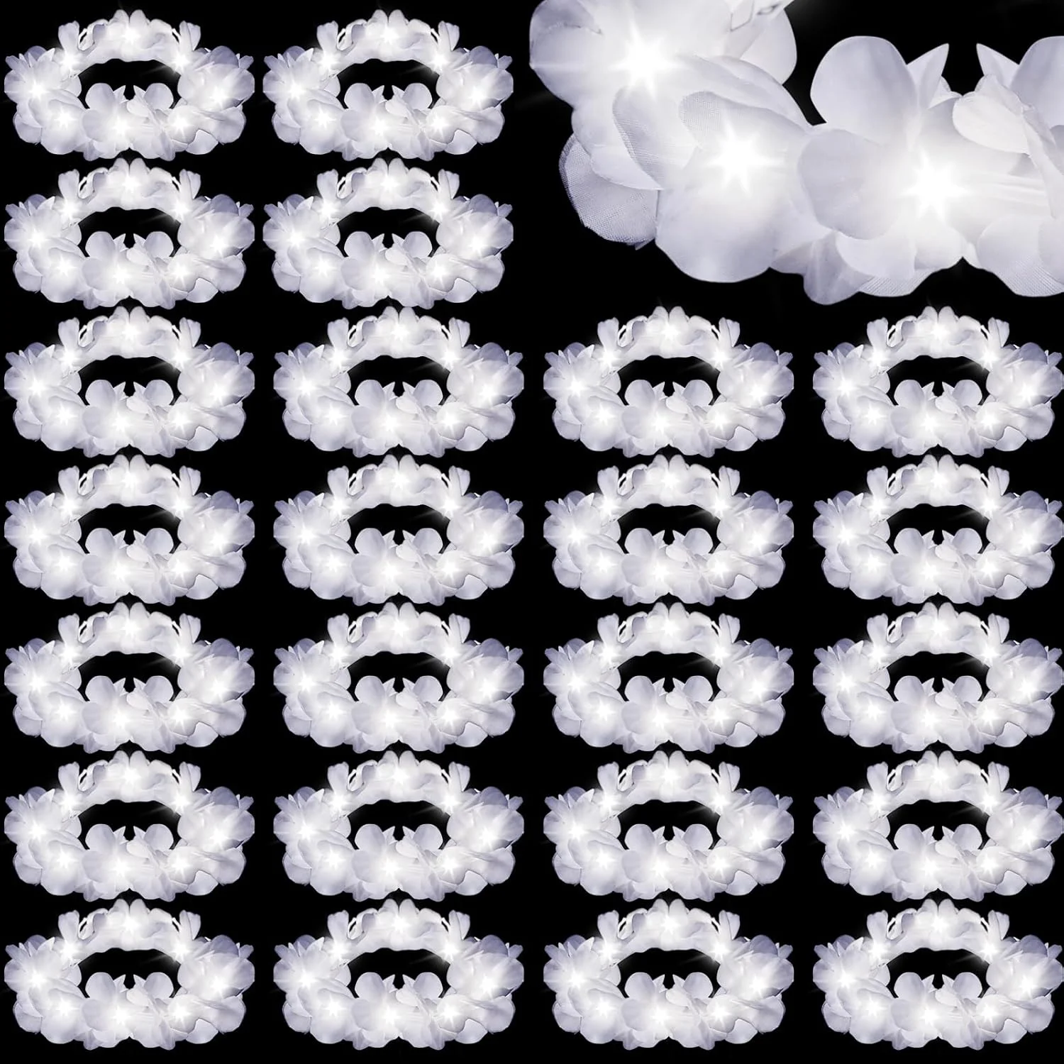 

20/100/500Pcs LED Hawaiian Leis White Floral Headband Light Up Flower Crown for Women Luau Party Beach Wedding Supplies