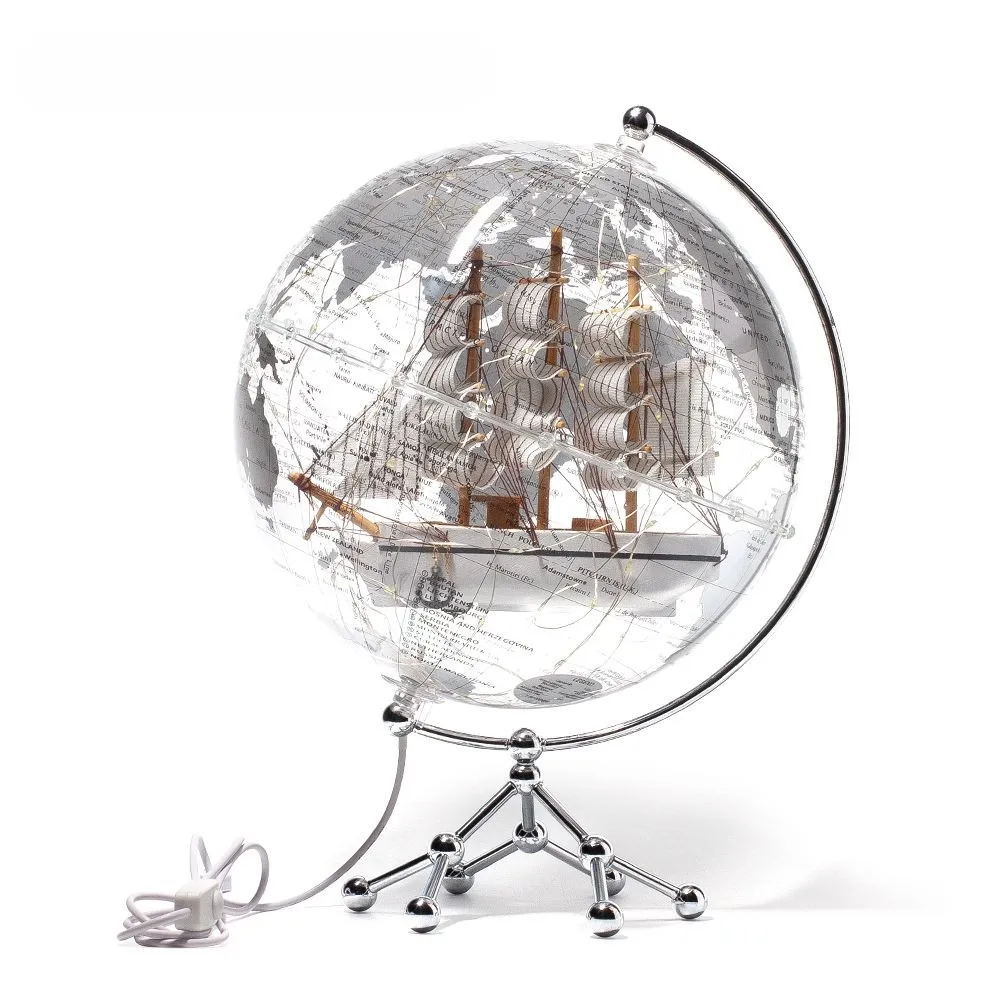 

10inch Silver Globe Earth With Lighting Sailboat 360 Rotating Lamp Transparent World Map Sphere Globe for Desktop Decoration