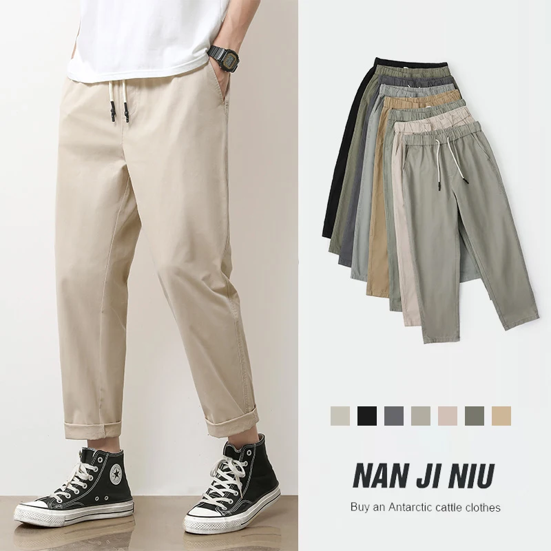 Pantalon décontracté pour homme en coton respirant, couleur unie gris kaki, idéal pour le printemps et l'été, style Amekaji, pour les sorties et les activités de plein air