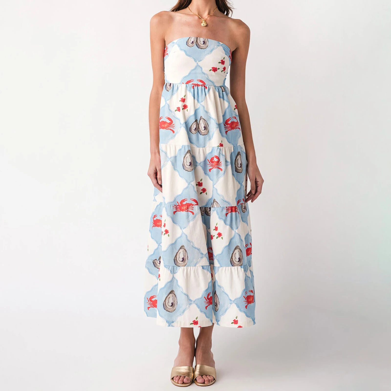 ผู้หญิงฤดูร้อนสไตล์ชายหาดแขนกุด Vestidos ชุดดอกไม้กุ้งก้ามกรามพิมพ์กลับ Bowknot Strapless Flowy ชุดยาว