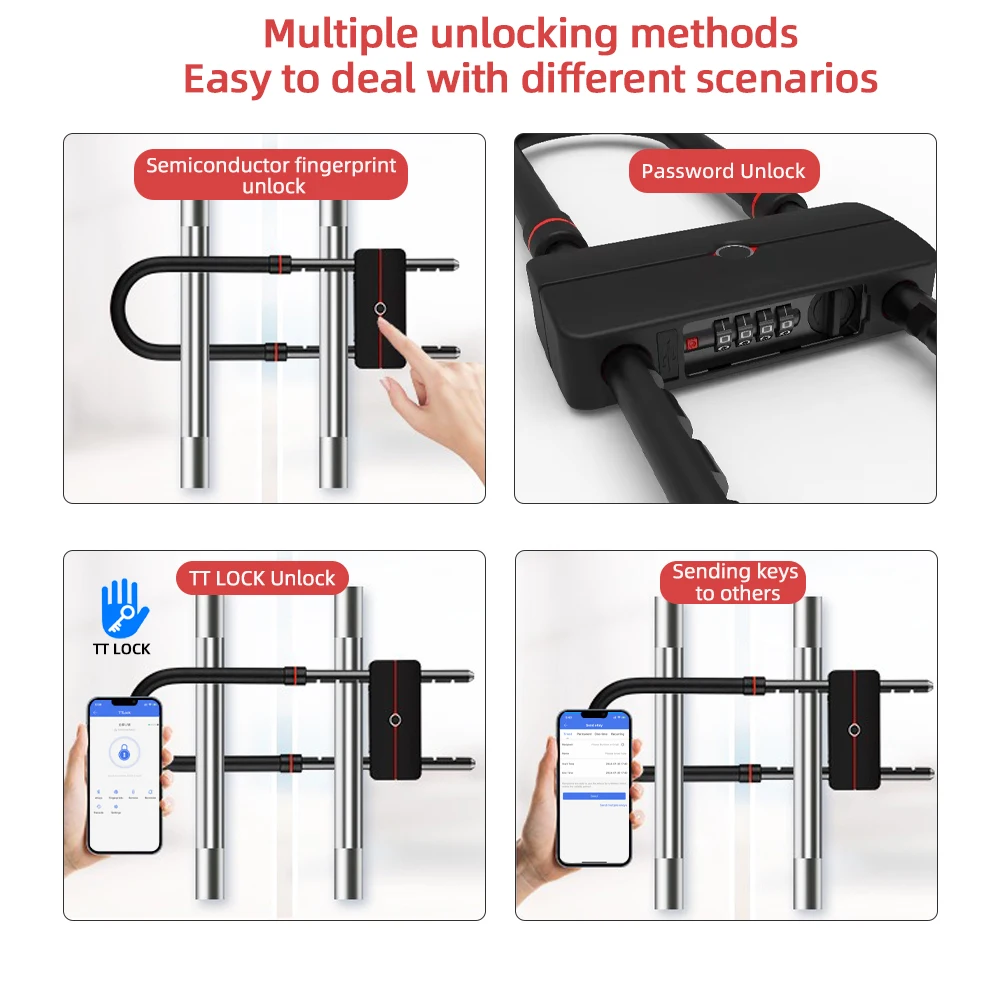 RAYKUBE Waterproof TT Lock APP Control U-Shape Electronic Bicycle Lock Smart fingerprint U-Lock with TT Lock BLE Passcode Unlock