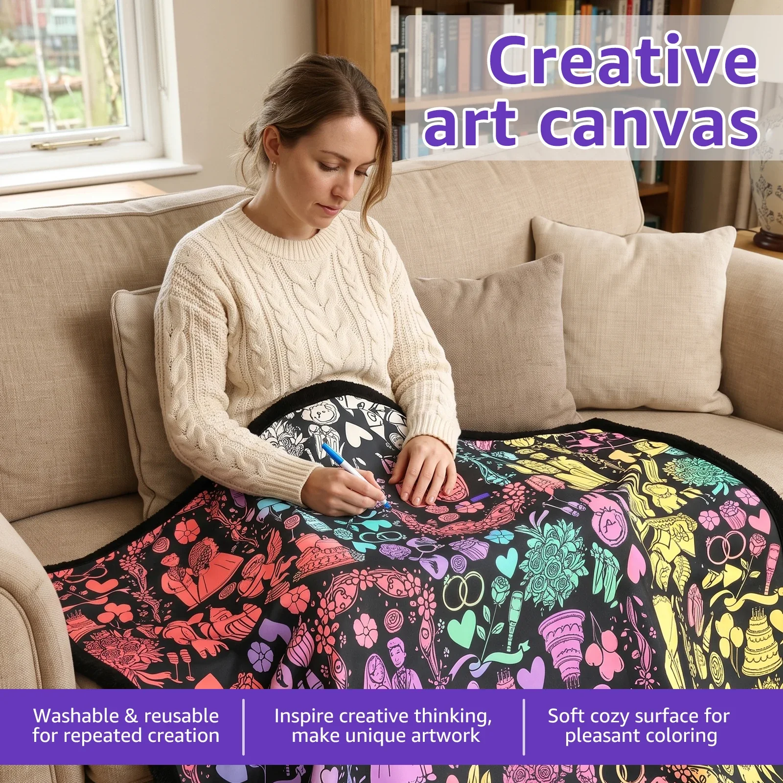 DIY Coloring Blanket Creative Art Project Painting Blanket Machine Washable Soft Customizable Coloring Blanket for Home Decor