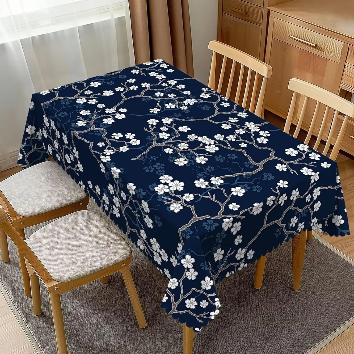 Navy Blue Cherry Blossoms Branch Flower Waterproof Tablecloth Table Decor Farmhouse Kitchen Dining Tablecloth Party Decor