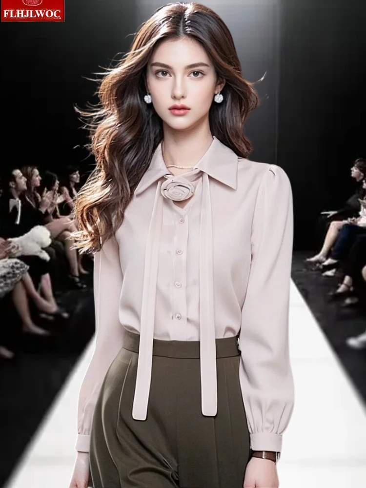 Corduroy Shirts Fashion Women Christmas New Year Korean-Style Vintage Hong Kong Girls Casual Simple Button Rose Bow Tie Tops