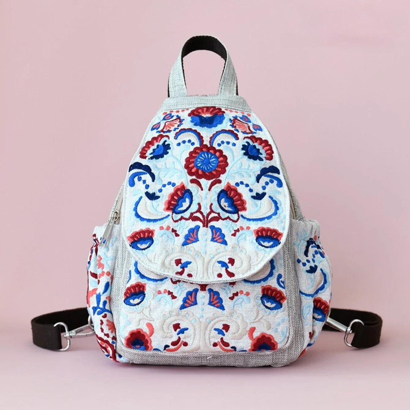 Vintage Embroidered Ethnic Style Backpack for Women, Multi-layer Pockets and Flap Design, Fashionable and Practical