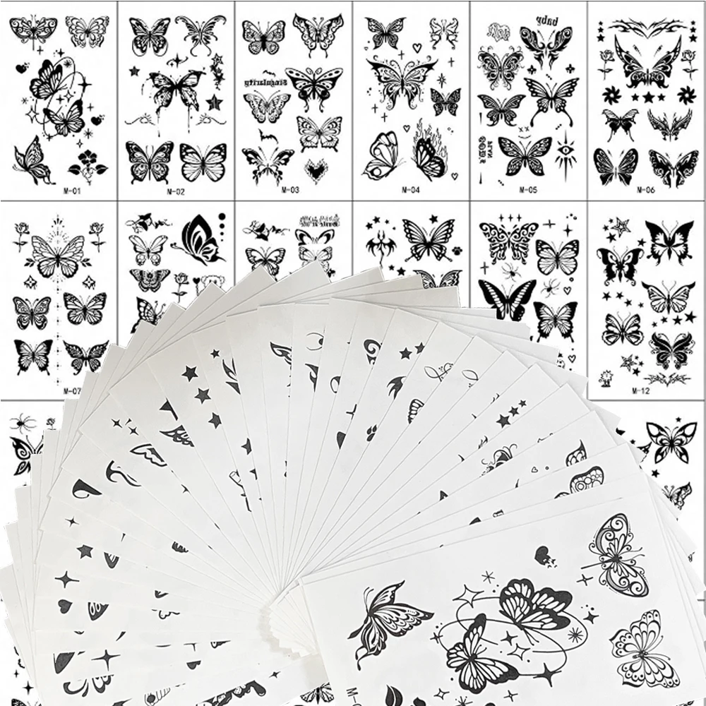 30pcs Black Butterfly Temporary Tattoo Gothic Love Heart Fake Tattoos Y2k Waterproof Butterflies Body Hand Finger Stickers