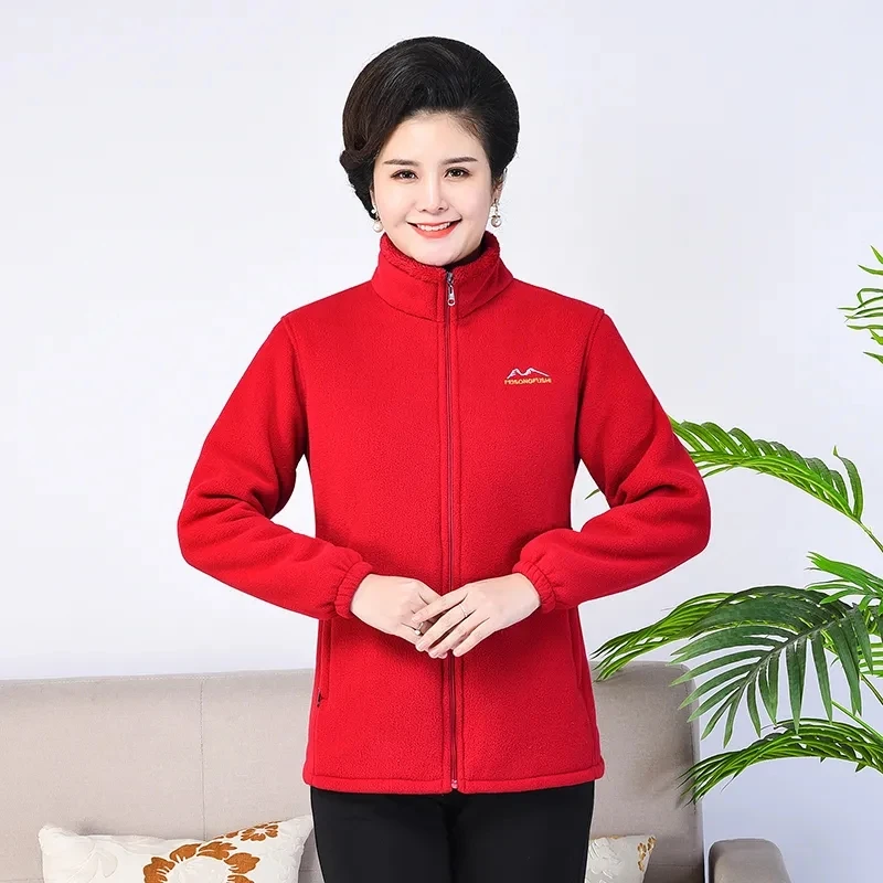 Spring Autumn Mother\'s Coral Velvet Fleece Stand collar Jacket Thicken Slim Warm Coat Casual Women\'s Zipper Sweatshirts tops