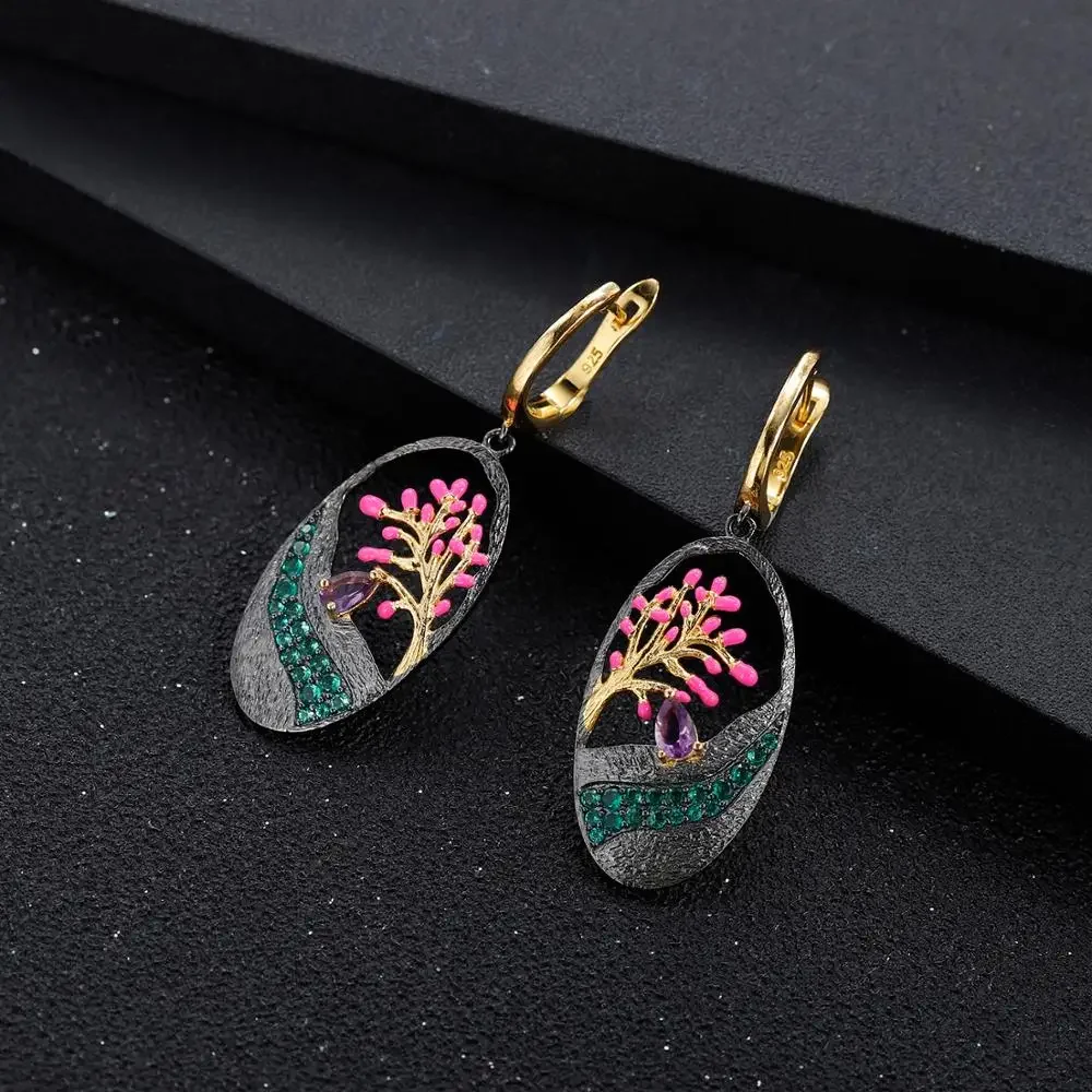 GEM'S BALLET 925 Sterling Silver Handmade Enamel Drop Earrings 0.39Ct Natural Amethyst Gemstone Earrings for Women Fine Jewelry