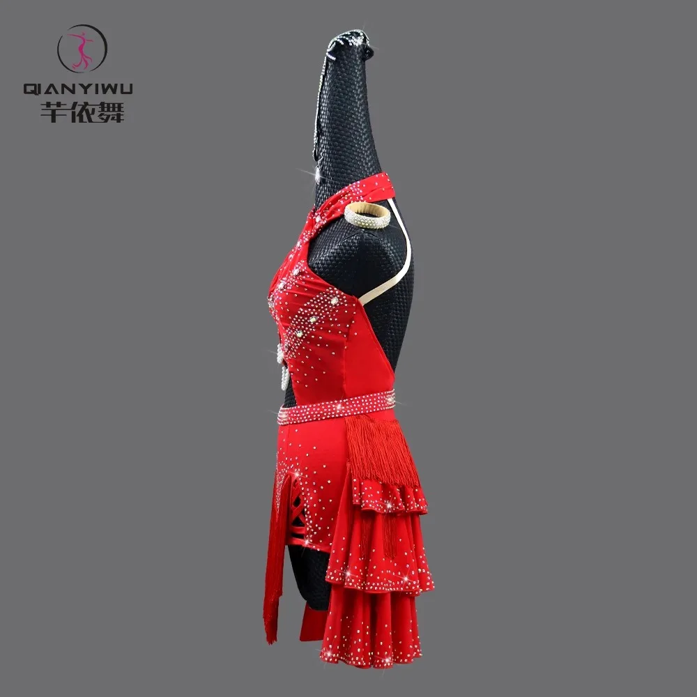 2026Red Latin Dance Clothes Line Costume Sexy Party Dress Competition Sports Suit Midi Ball Prom Stage Outfit Girl Skirt Parties
