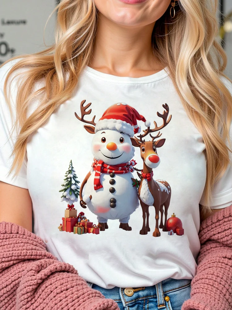 Christmas Women Casual T Shirt Cartoon Snowman Reindeer Christmas Tree Print Female Short Sleeve T-Shirt Suitable for All Season