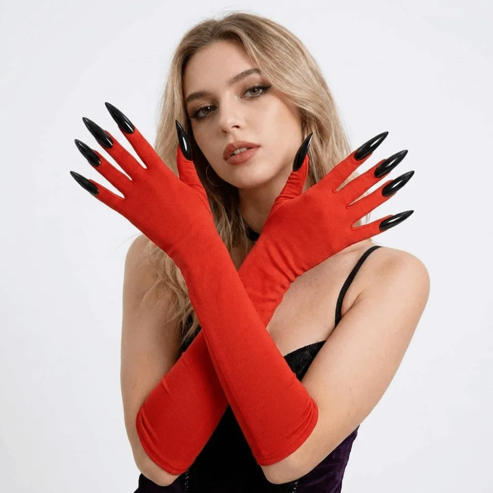 Cool Fancy Props Halloween Cosplay Gloves Long Nails Solid Color Witch Cosplay Costume Elastic 43cm Ghost Claw Mittens Women