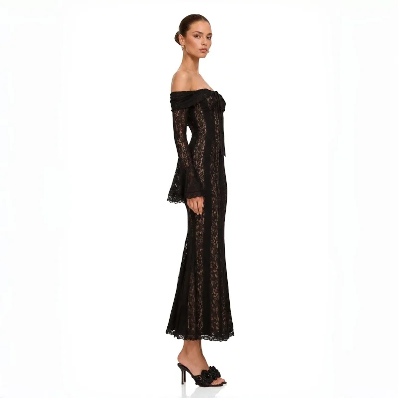 Black Evening Dresses For Events White Long Sleeve Lace Elegant Party Dresses 2026 Women Luxury Wedding Prom Dress Gown