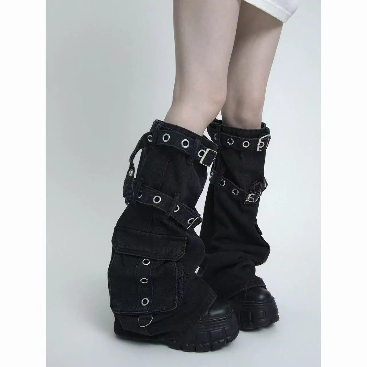 Y2k Cargo Denim Leg Warmers for Women Punk Buckle Strap Pocket Design Stacked Floor-length Boot Covers