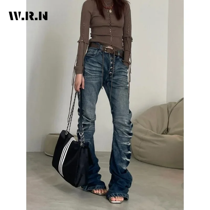 Women's Aesthetic Slim Fit High Waisted Jeans 2025 Winter Sheath Street Y2K Blue Pants Vintage Solid Hotsweet Denim Trouser