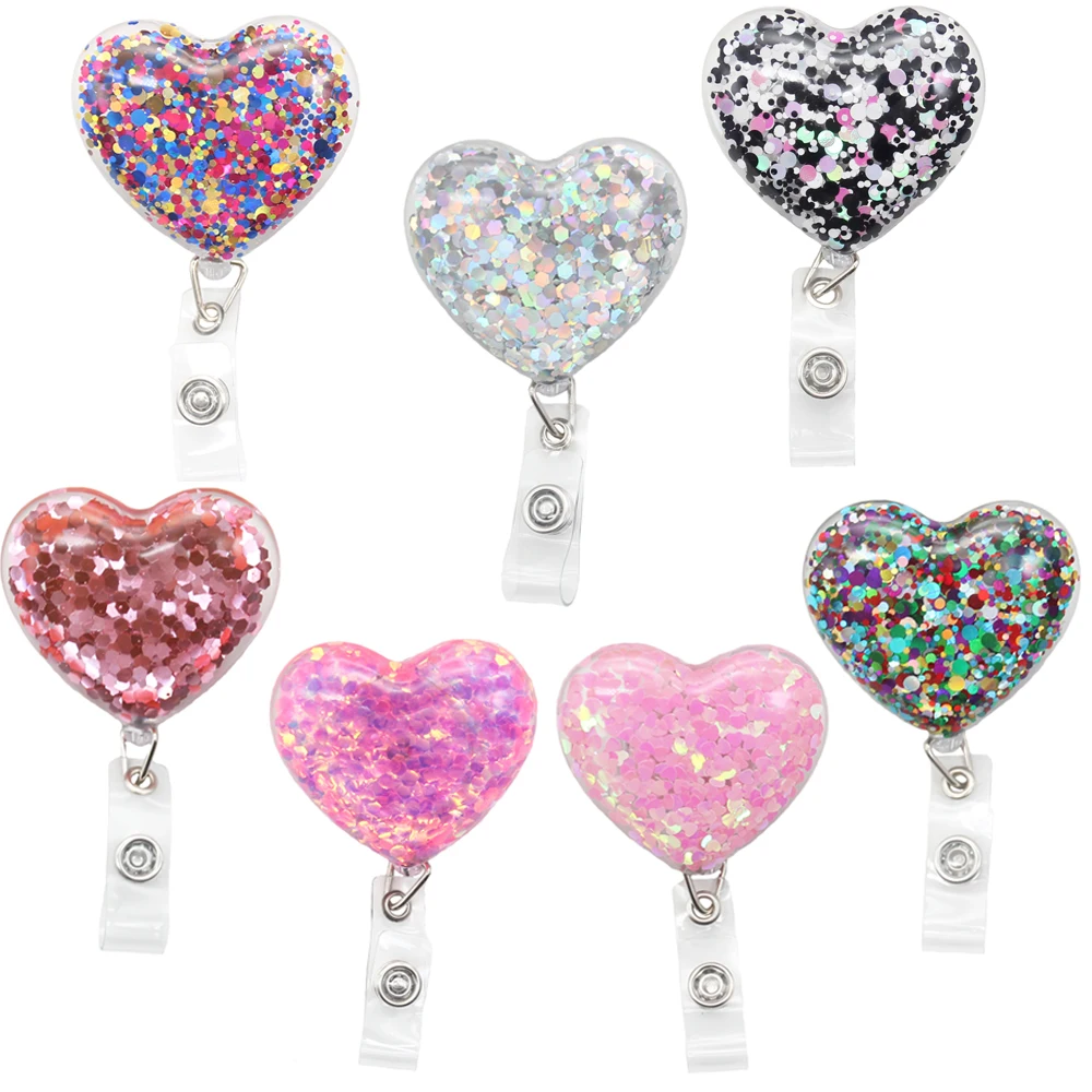 10 Pcs/Lot Office Supply Shine Heart Shape ID Name Card Holder Retractable Badge Reels For Nurse Doctor Work Accessories