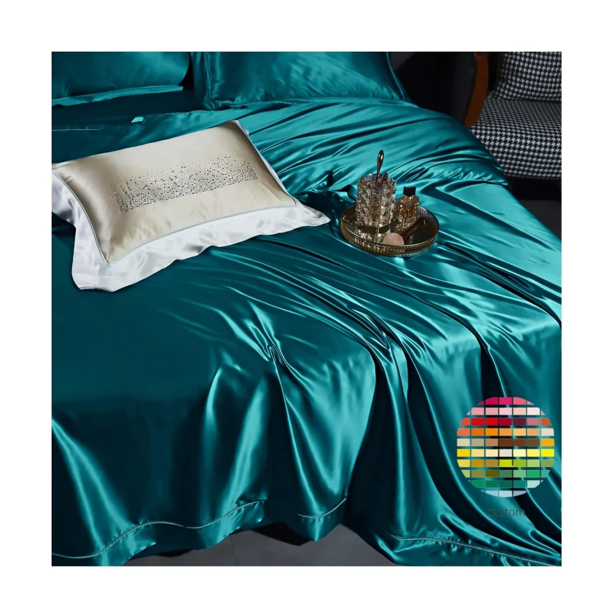 2024 Hot Selling Luxury Embroidery Satin Mulberry Silk 4 Piece Quilted Bedsheet Bedding Set Filling With Silky Bed Sheets Set