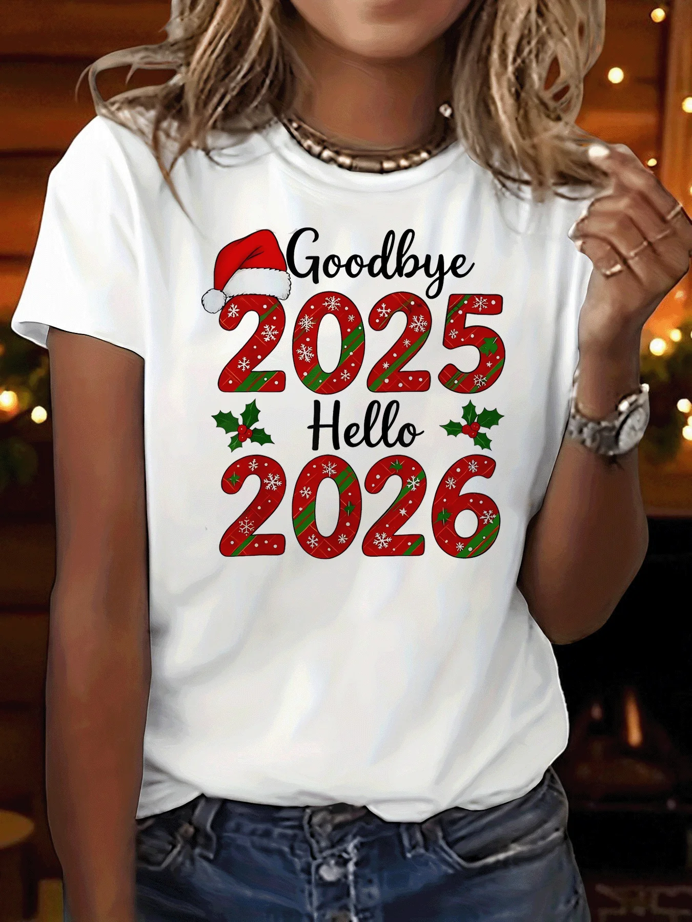 Women'S Christmas T-Shirt - Goodbye 2025 Hello 2026 Merry Christmas Graphic Tee - Red & Green Holiday Party Outfit