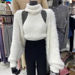 Mink Cashmere Tanks Tops Y2k Cardigan Feminino Vest Camis High Neck Knit V  Mohair White  Coat Sueter Sweater Mujer