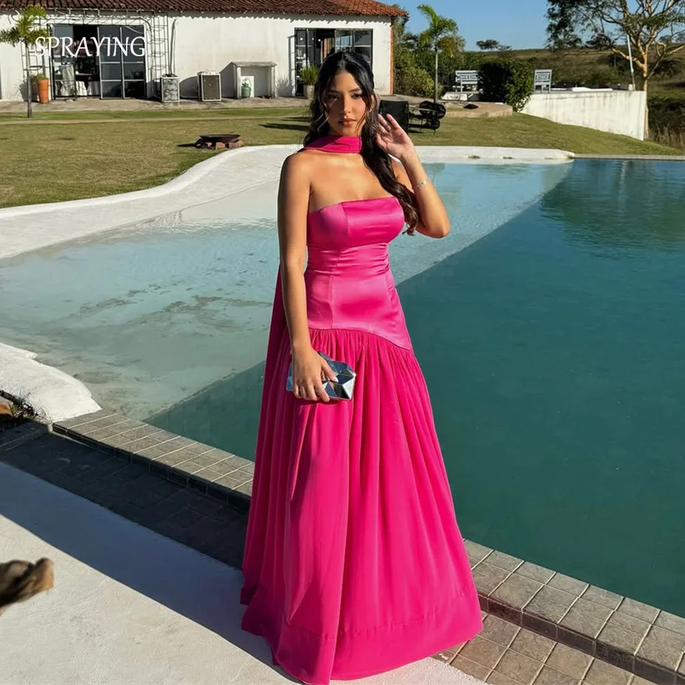 

SPRAYING Rose Red Satin Evening Dress Strapless Sleeveless Dubai Arab Party Dress Elegant A line Long Event Dress Customized