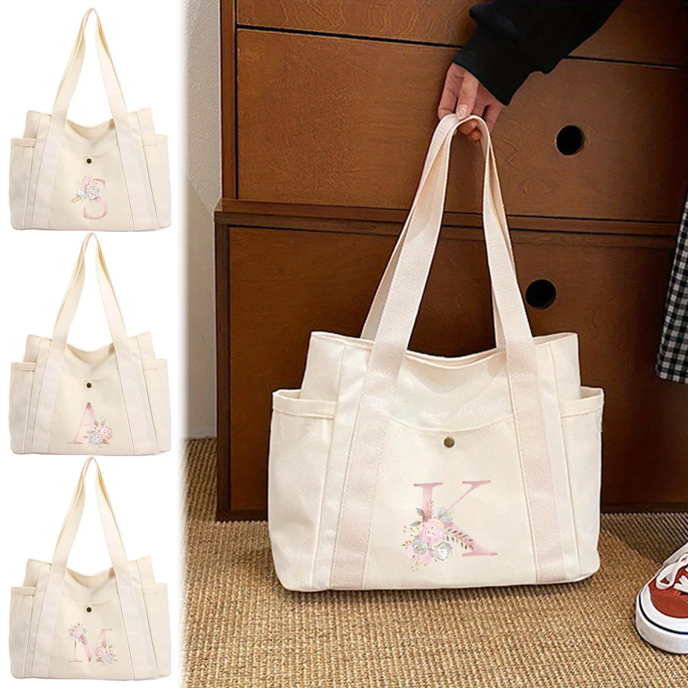 

Single Shoulder Canvas Bag Foldable Shopping Bags Travel Essential Outdoor Storage Pack Pink Flower Series High Quality Handbag