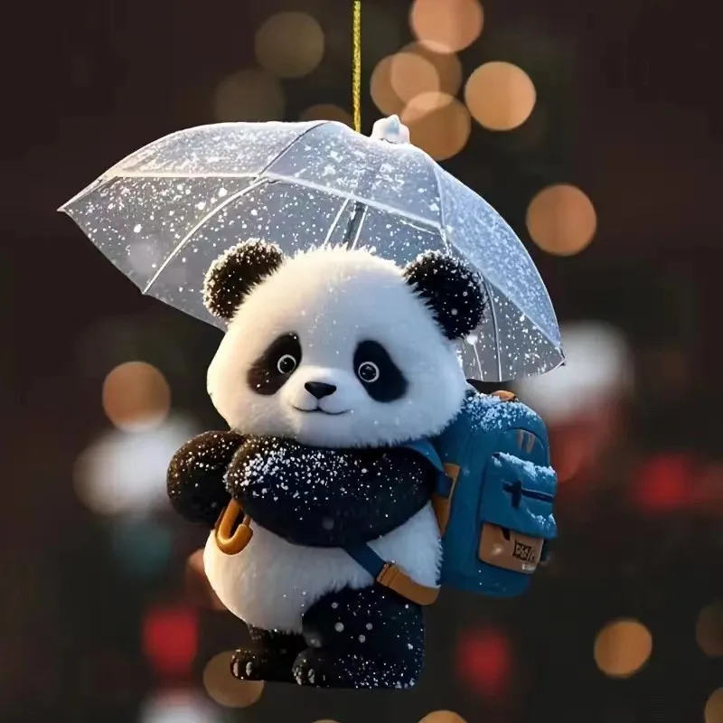 2D Flat Winter Panda Car Pendant Umbrella Backpack Snow Panda Rearview Mirror Hanging Decor Keychain Christmas Tree Decor Gift