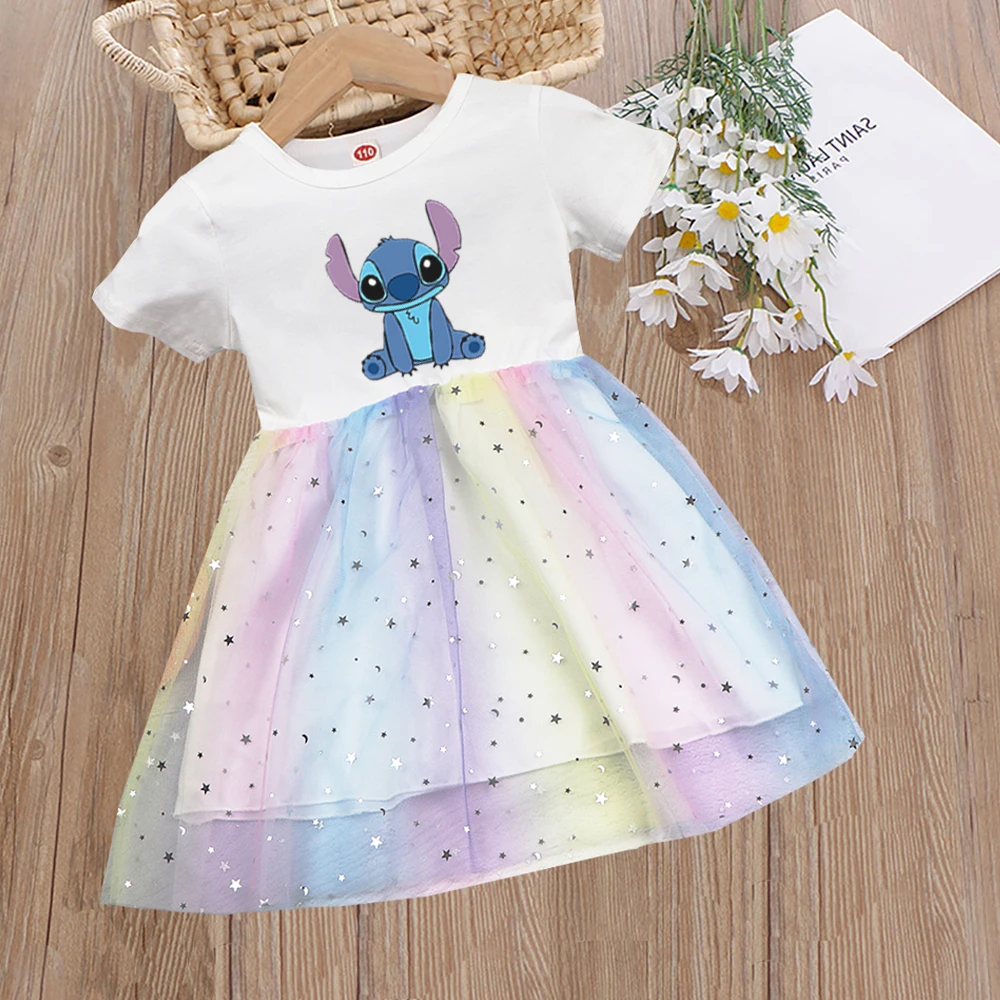 

2025 New Girls Dress Disney Summer Kids Clothes Children Princess Baby Short Sleeve Stitch Fashion Stich Party Dresses Rainbow