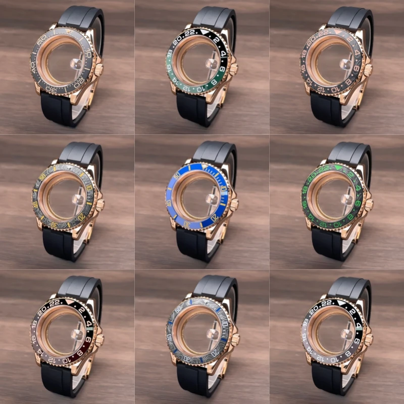 40mm NH35 CaseFull Rose Gold SUB YM Design Two-Way Rotating Bezel Rubber Strap Sapphire Glass Fit NH35 NH36 Movement Watch Case