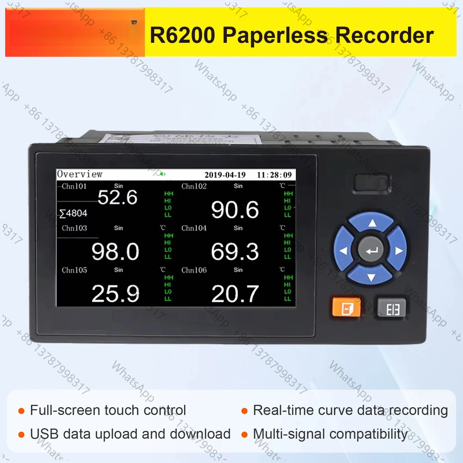 R6200 Paperless Data Logger Recorder 6‑Channel Temperature Pressure Flow Current Recorder Modbus RTU Anti‑Interference Monitor