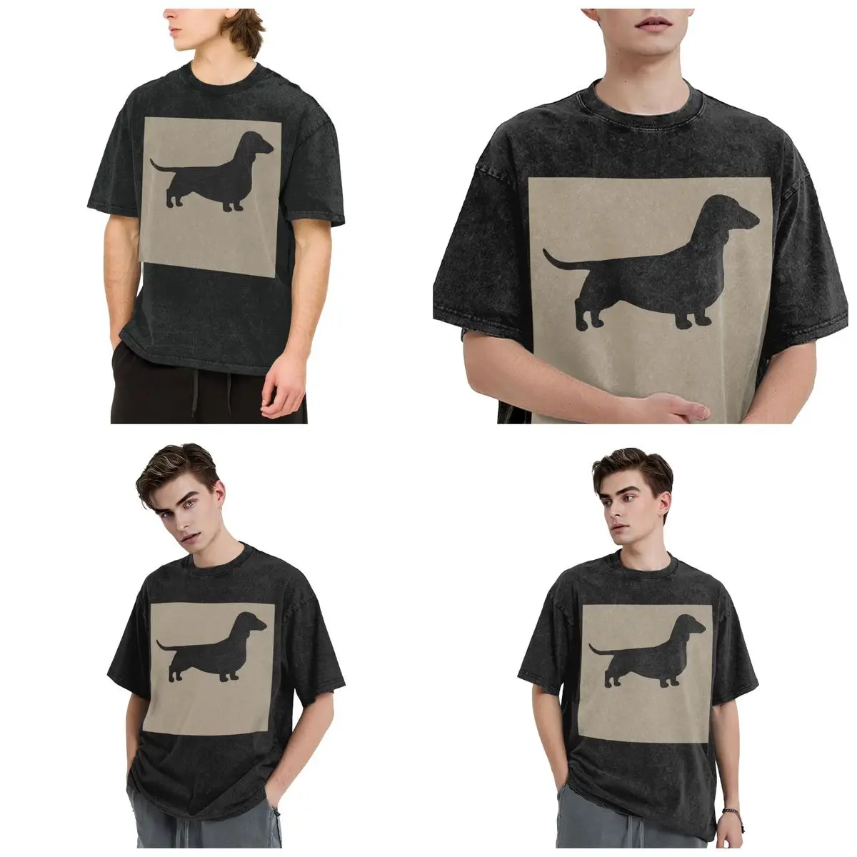 Dachshund Dog Silhouette(s) Smooth Coated Wiener Dog Hip Hop Short Sleeve T-Shirts Washed Tops Tees Streetwear T Shirt Casual