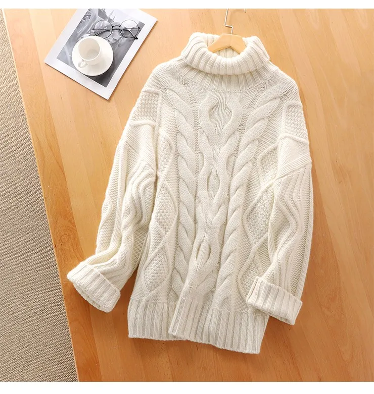 All-Cashmere Sweater Classic Cable-Knit Turtleneck Simple All-Match Women\'s Loose Below The Hip Sweater Winbter Tops Pullovers