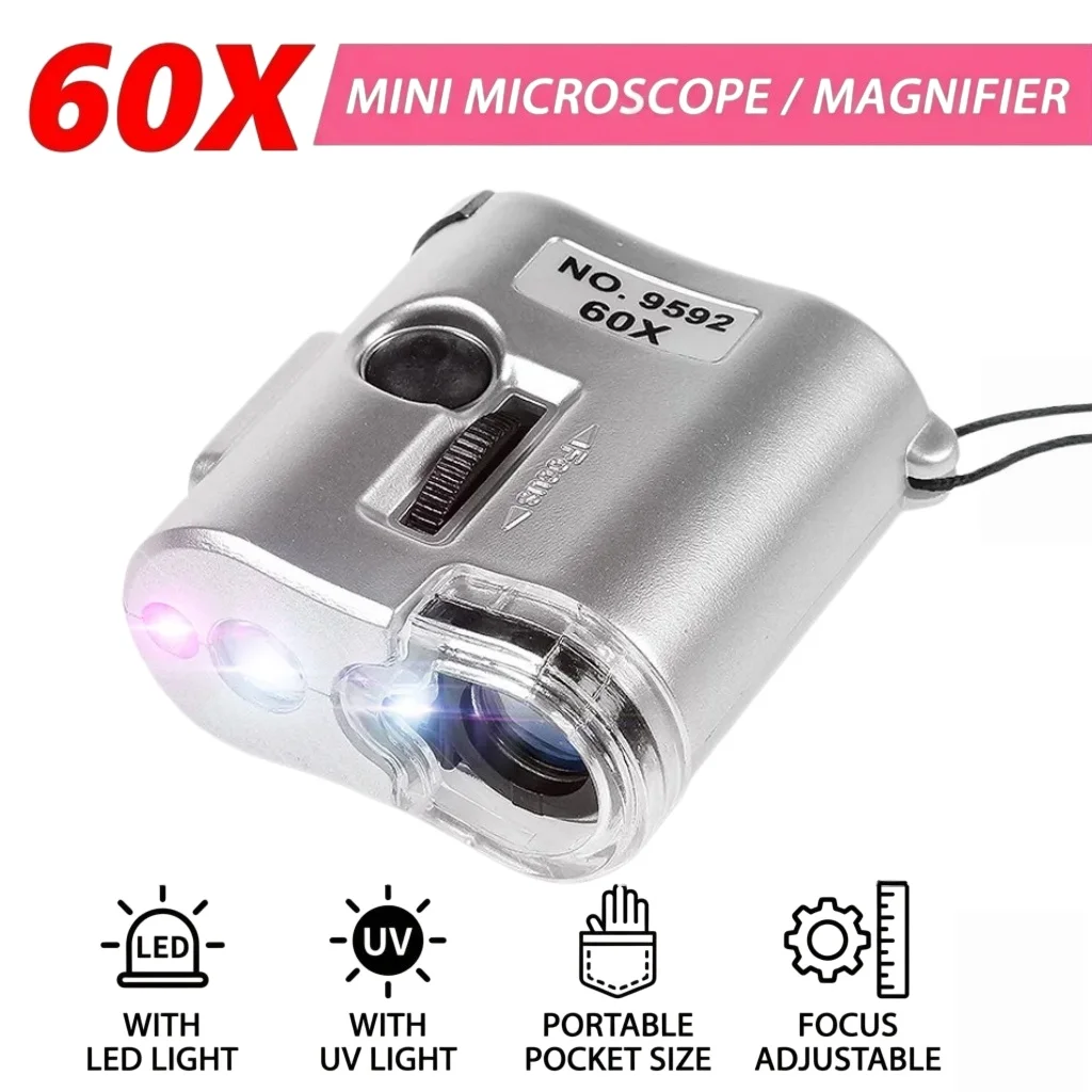 60X Mini Microscope Pocket Magnifying Glass Led Light Illumination Jewelry Loupe Portable Handheld Magnifier for Jeweler