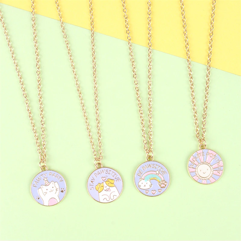 Creative Cartoon Stay Pawsitive Cat And Dog Rainbow Sun Metal Enamel Pendant Necklace Cute Trendy Women Jewelry Accessories