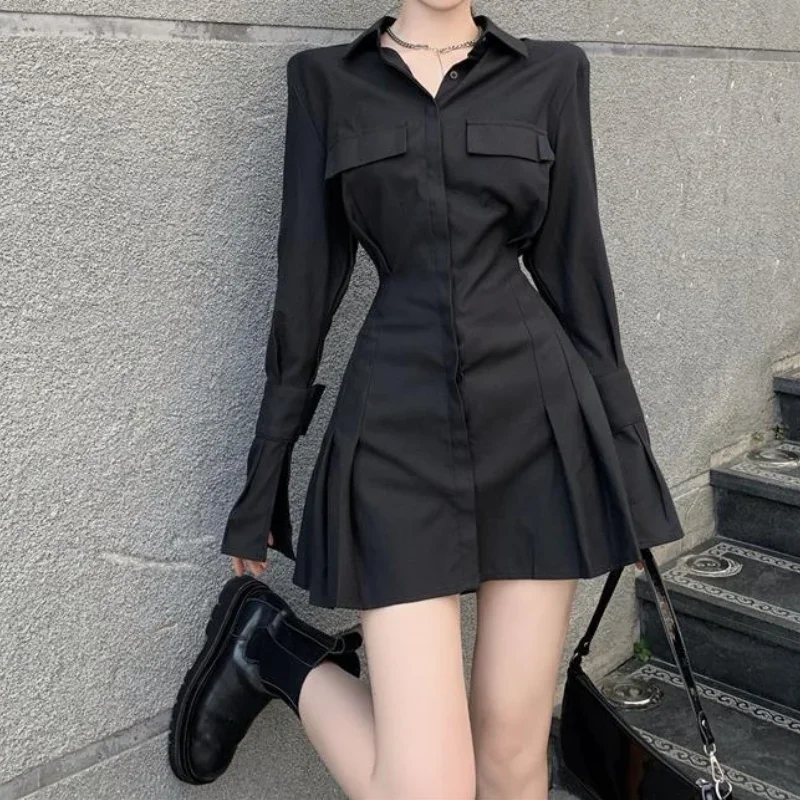 

Sexy Black Shirt Dress Women Elegant Vintage Long Sleeve Dresses Gothic Pleated Streetwear Turn-down Collar Casual Robe