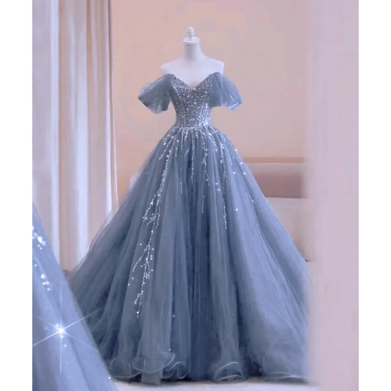 2026 primavera e verão novo estilo elegante e elegante azul com decote em v concerto anual desempenho coral vestido longo anfitrião