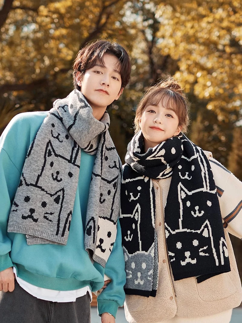 Cute Cartoon Cat Knit Scarf Women Men Students Autumn Winter Neckerchief Soft Comfort Lovers Muffler